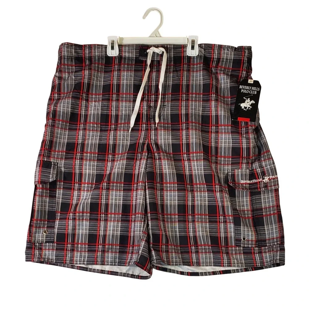 Beverly Hills Polo Club Mens XXL‎ Plaid Cargo Swim Trunks Black Red M702999 NWT
